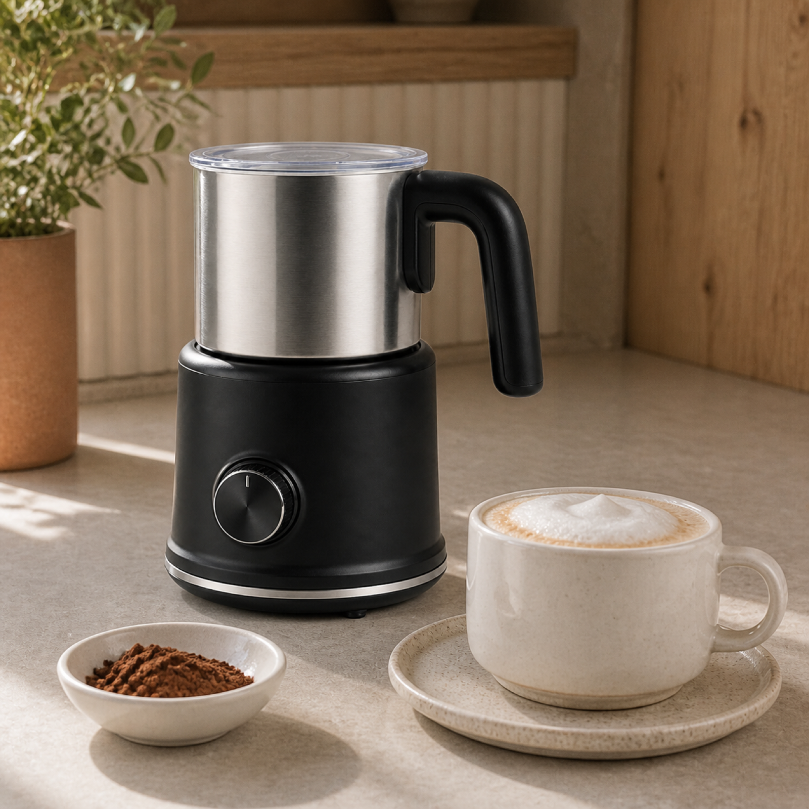 Electric milk frother in a modern home coffee corner