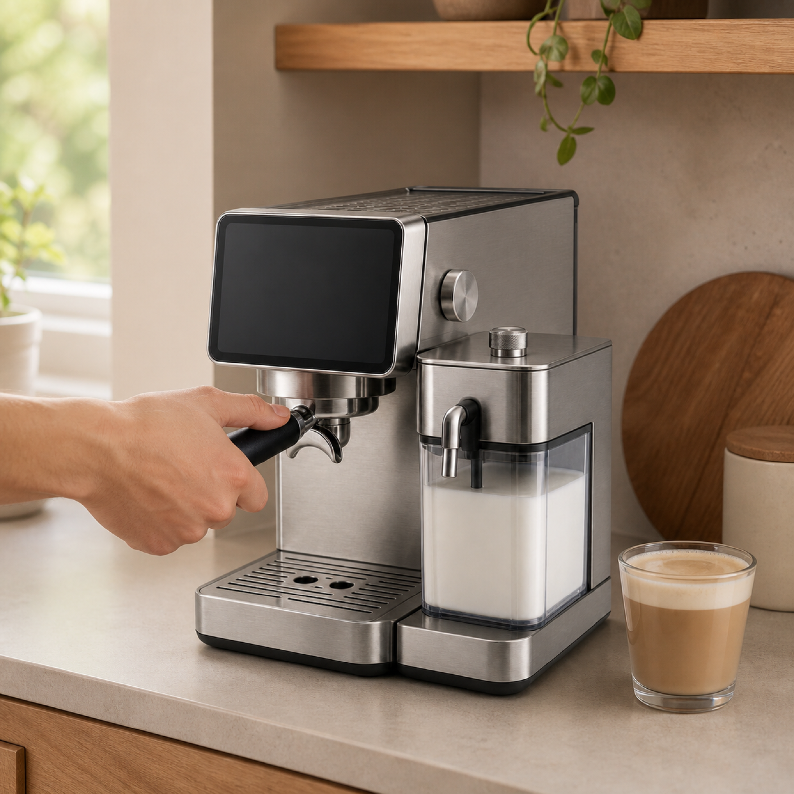 Touchscreen espresso machine in a modern home coffee bar