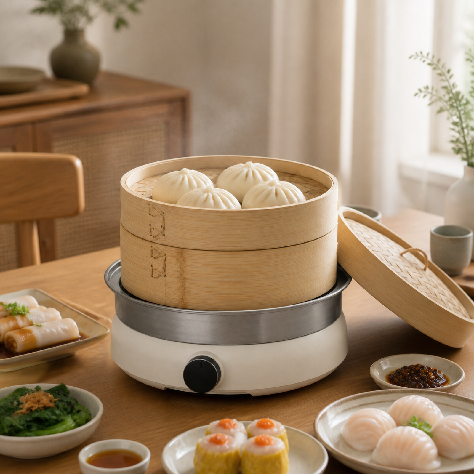 Bamboo electric steamer serving freshly steamed food on a family dining table
