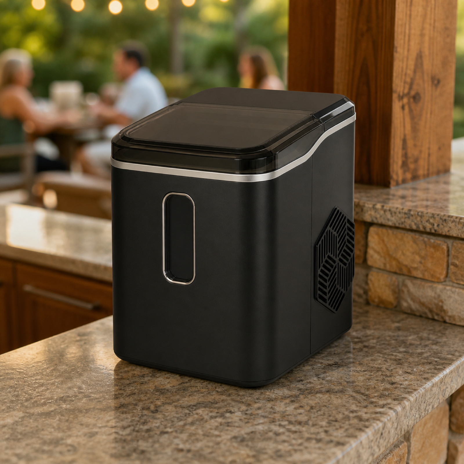 Portable nugget ice maker serving drinks at an outdoor patio gathering