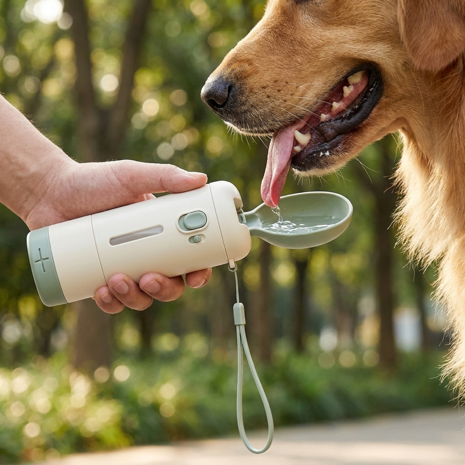 Dog drinking from portable travel water bottle during park walk
