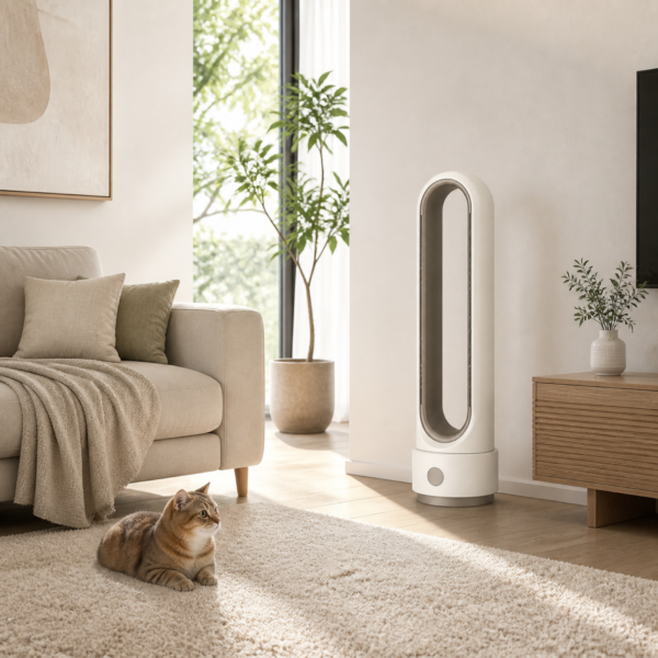 05_宠物家庭场景 Bladeless Tower Fan with Gentle Airflow, Quiet Operation & Oscillation for Home