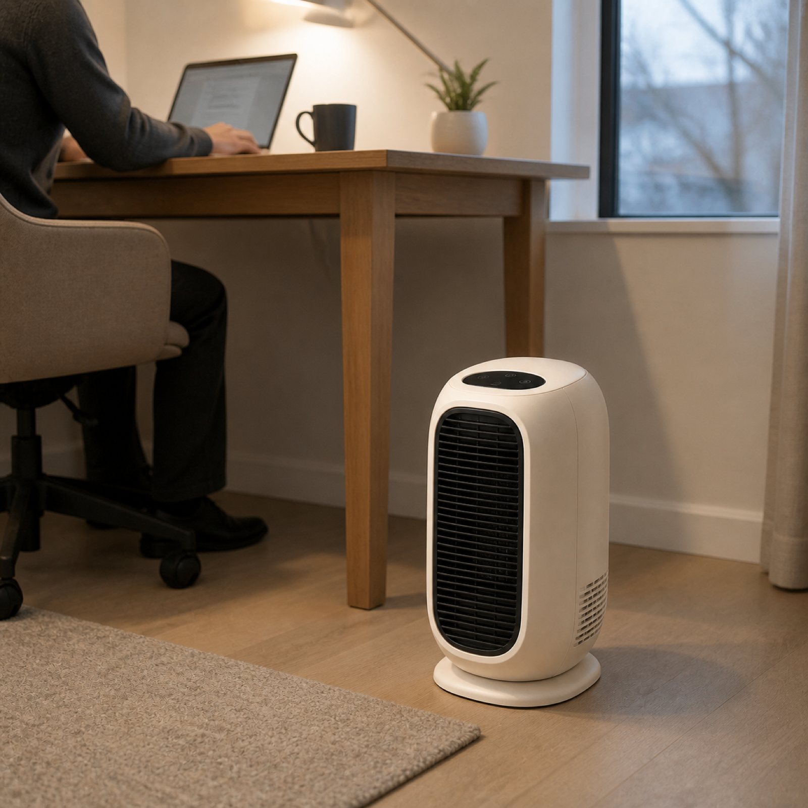 Compact smart space heater beside a desk in a home office