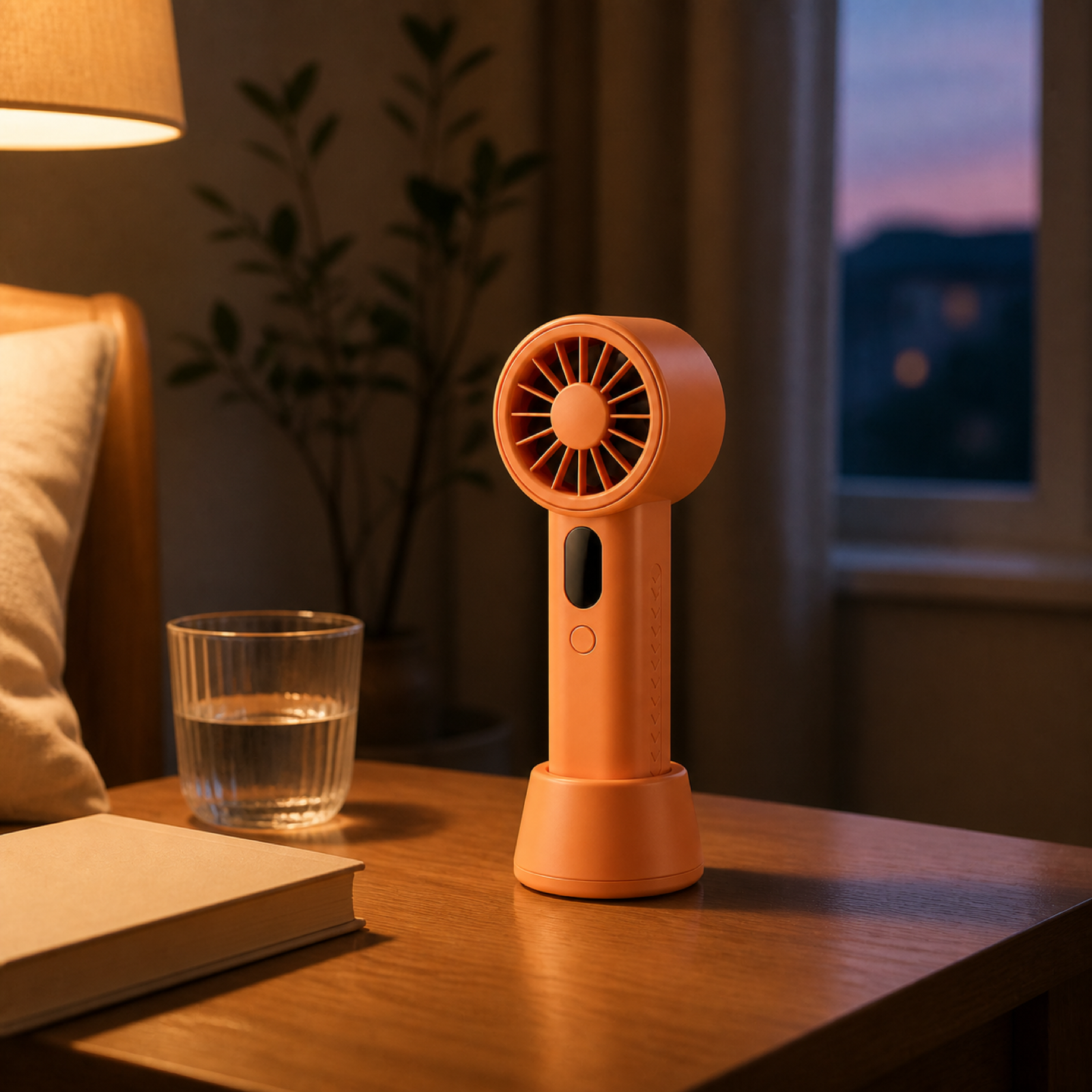 Handheld turbo fan placed in desktop stand beside a bed for personal cooling