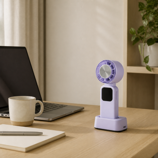 05_桌面场景 Foldable Handheld Cooling Fan with Cold Plate, Digital Display & Desktop Base
