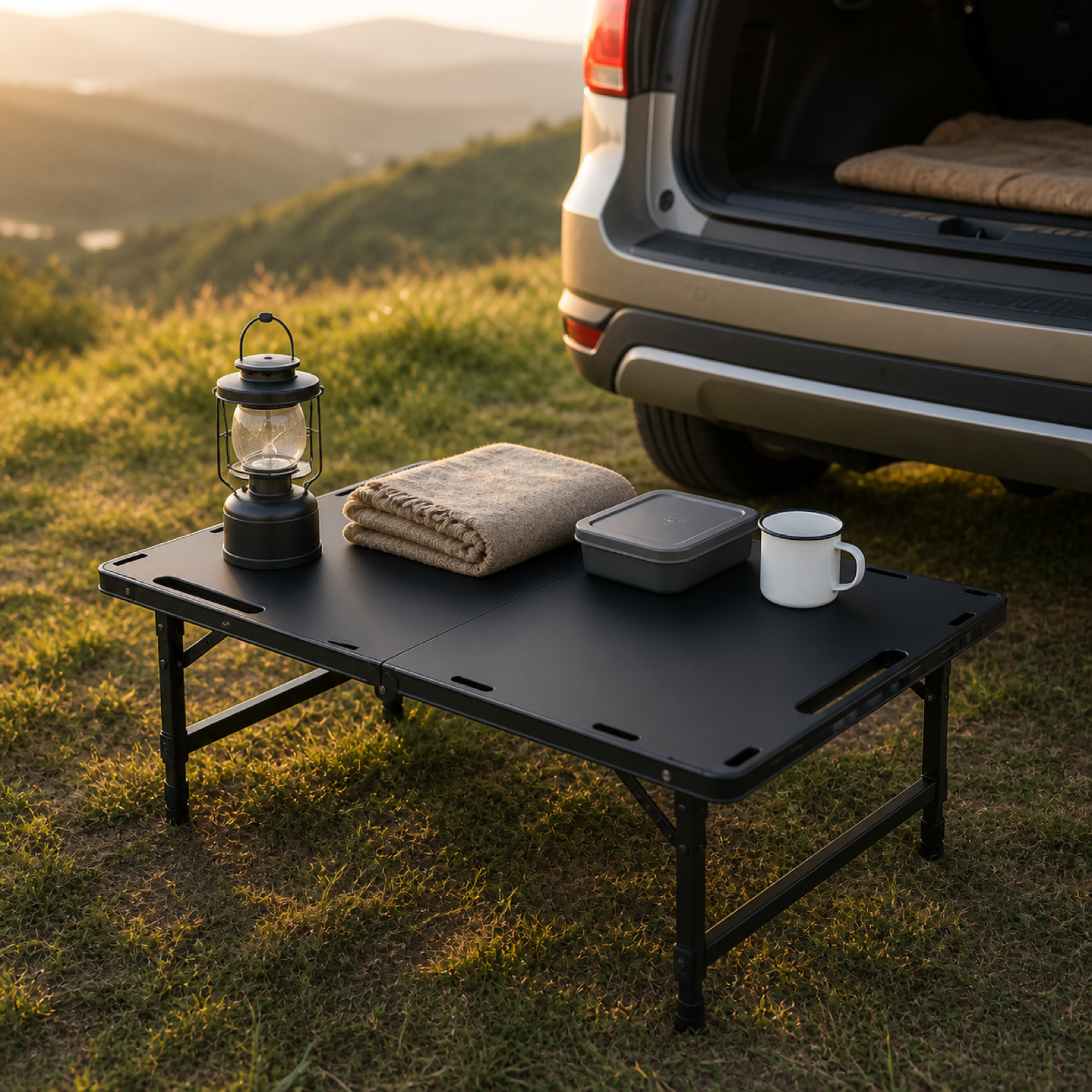 Tactical camping table in low-height setup beside an overlanding vehicle
