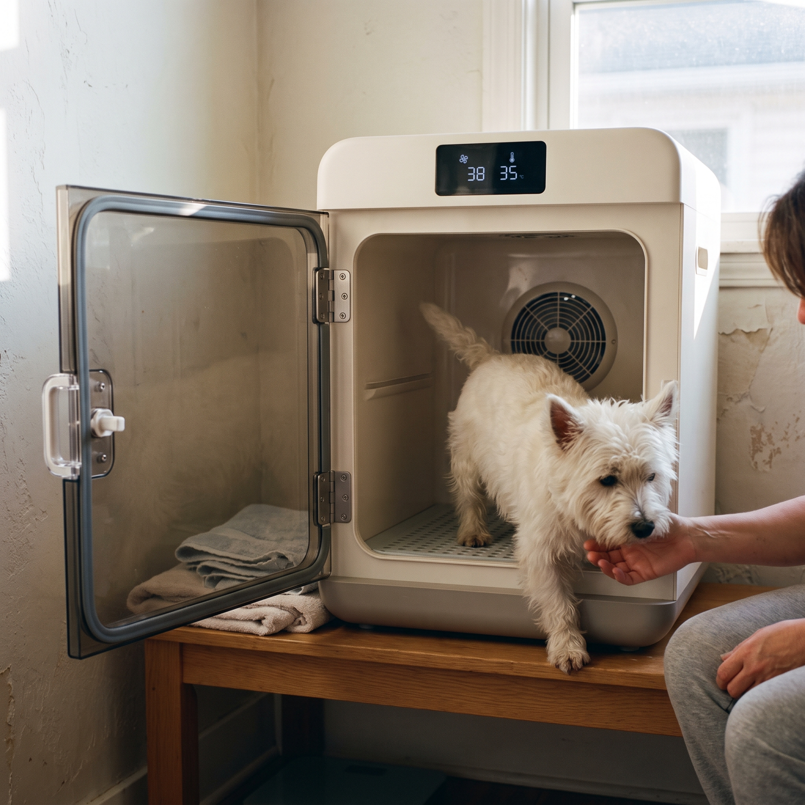 Owner helping small dog out of smart pet drying box after grooming