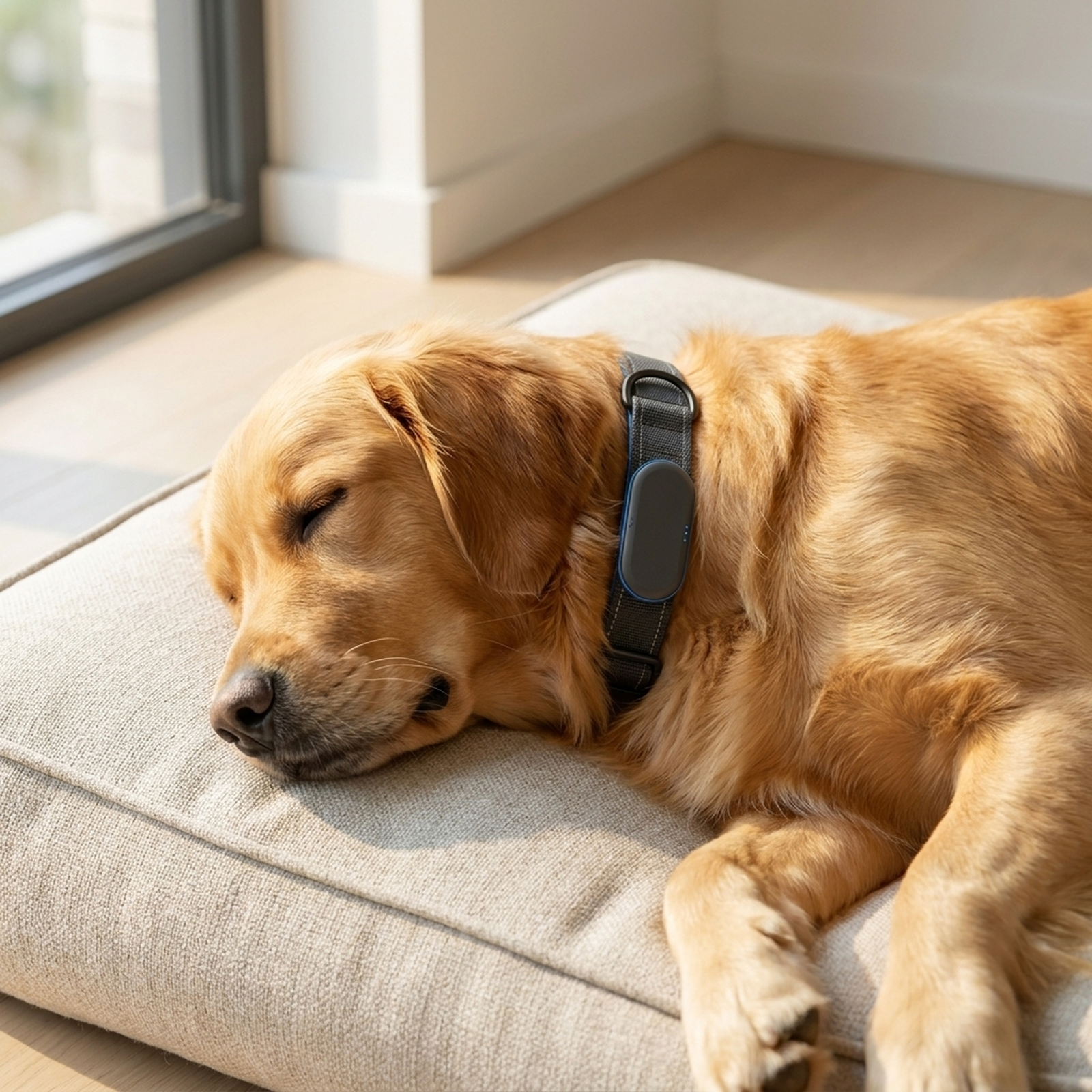 Golden Retriever resting at home while wearing smart activity monitoring collar