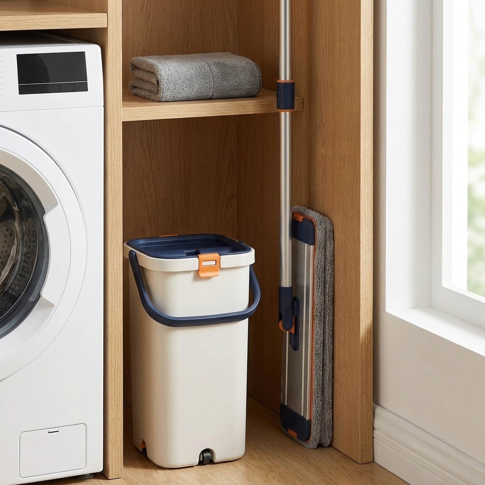 Compact flat mop and bucket stored in narrow laundry room space