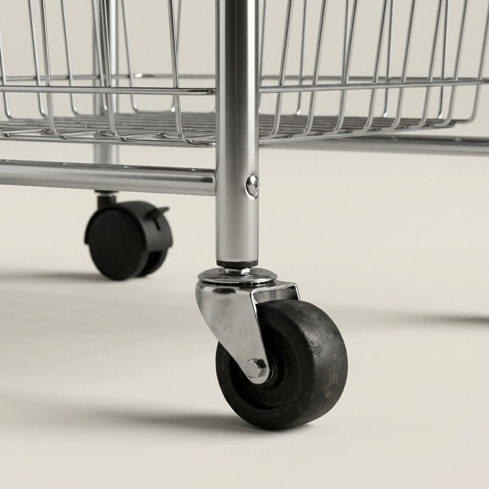 Swivel caster wheel detail on mobile kitchen storage cart
