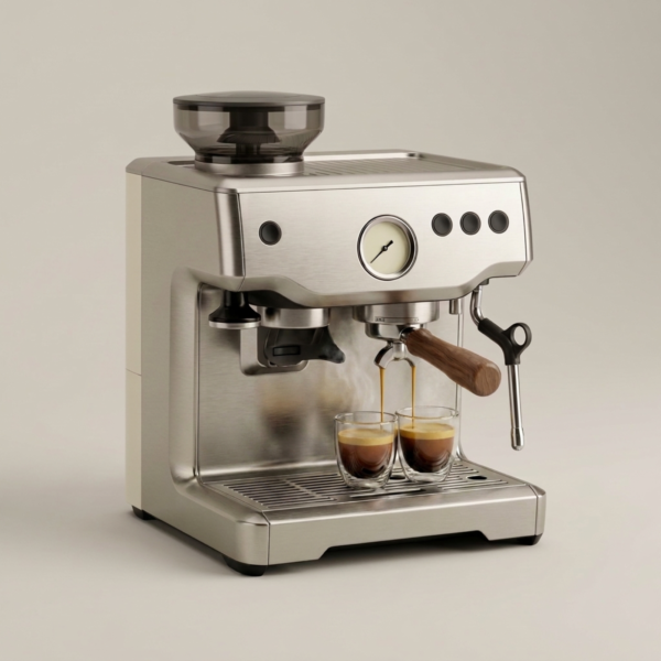 06_双杯浓缩萃取场景 Semi-Automatic Espresso Machine with Integrated Grinder, Pressure Gauge & Steam Wand