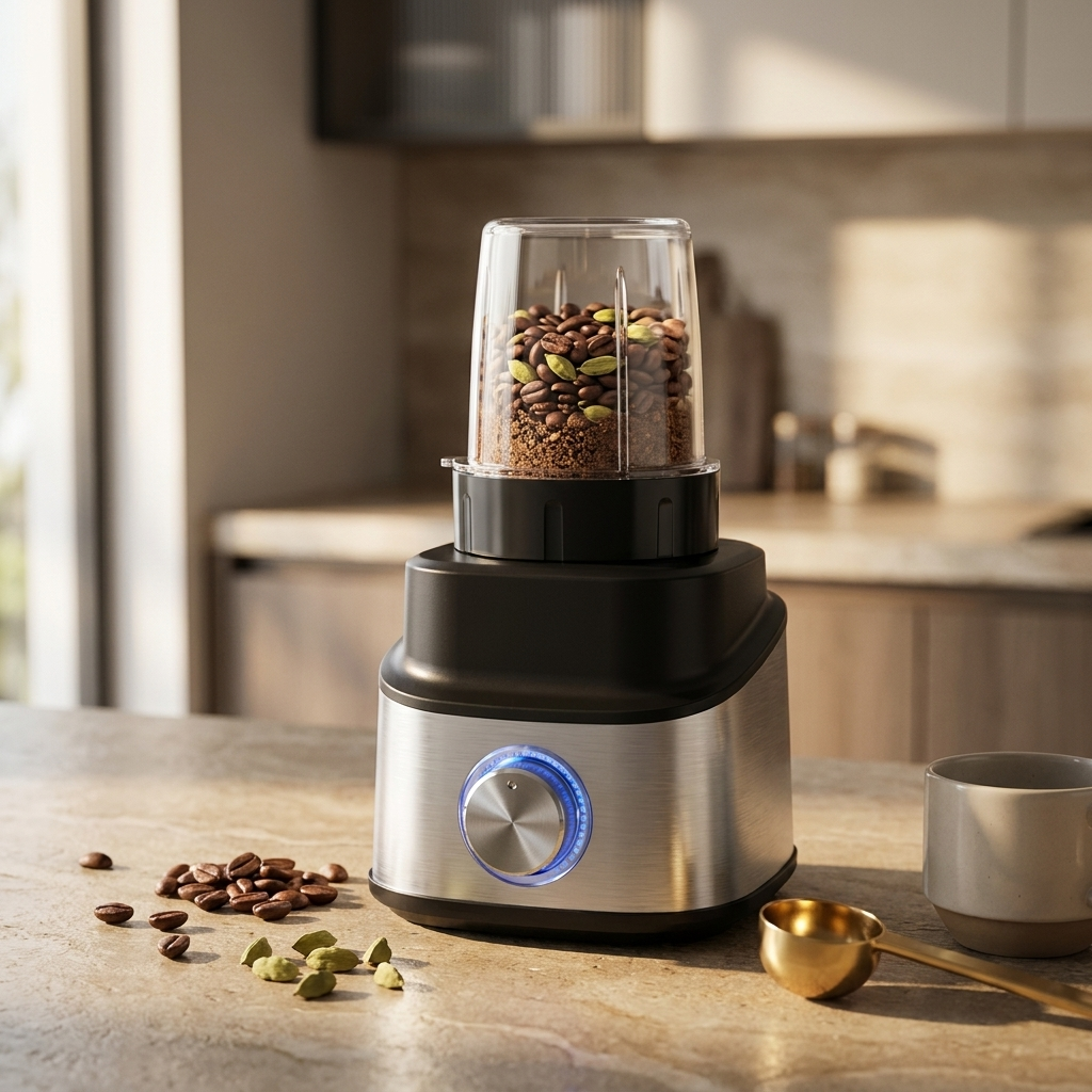 Compact grinder attachment processing coffee beans and spices