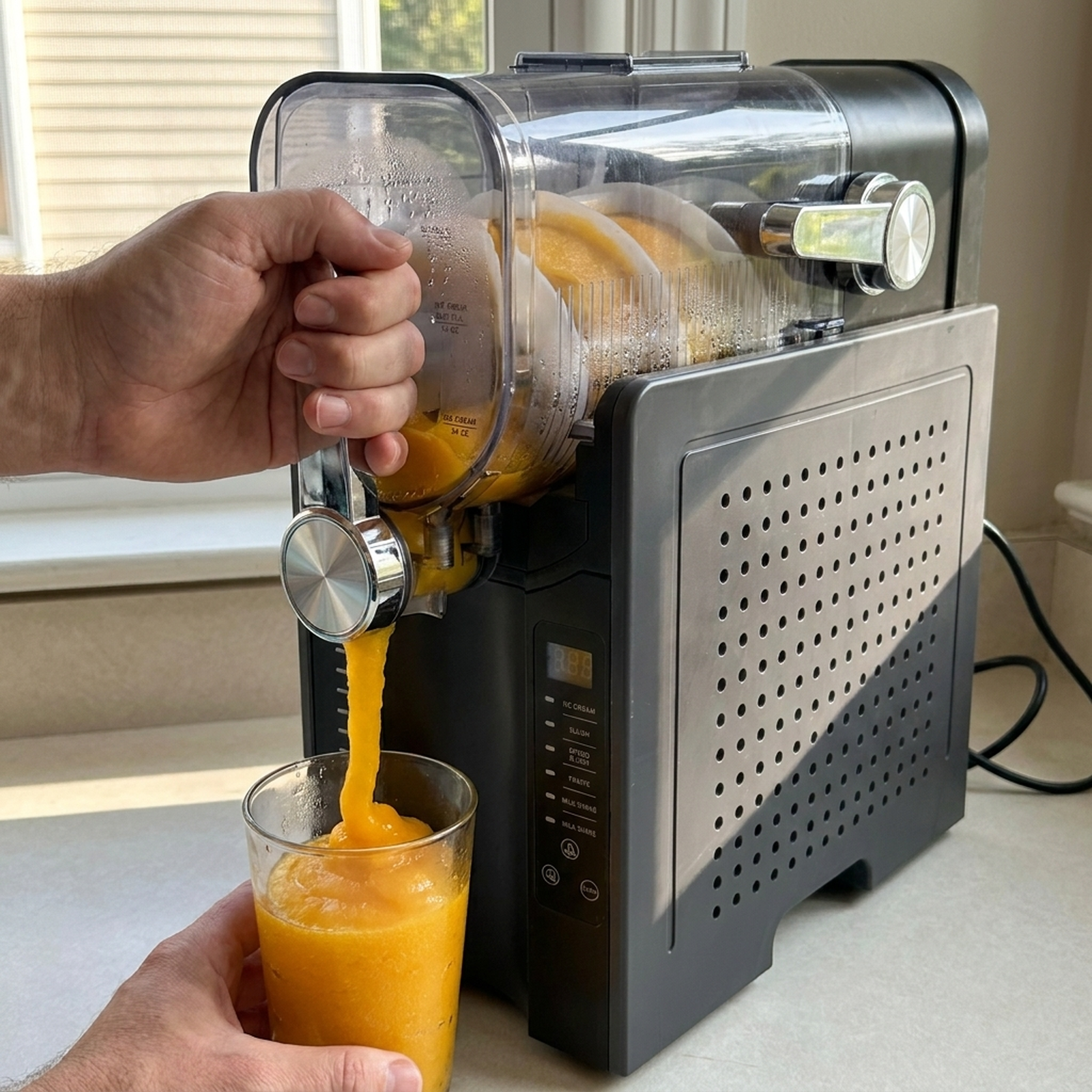 Frozen beverage machine dispensing fresh fruit slush into serving glass