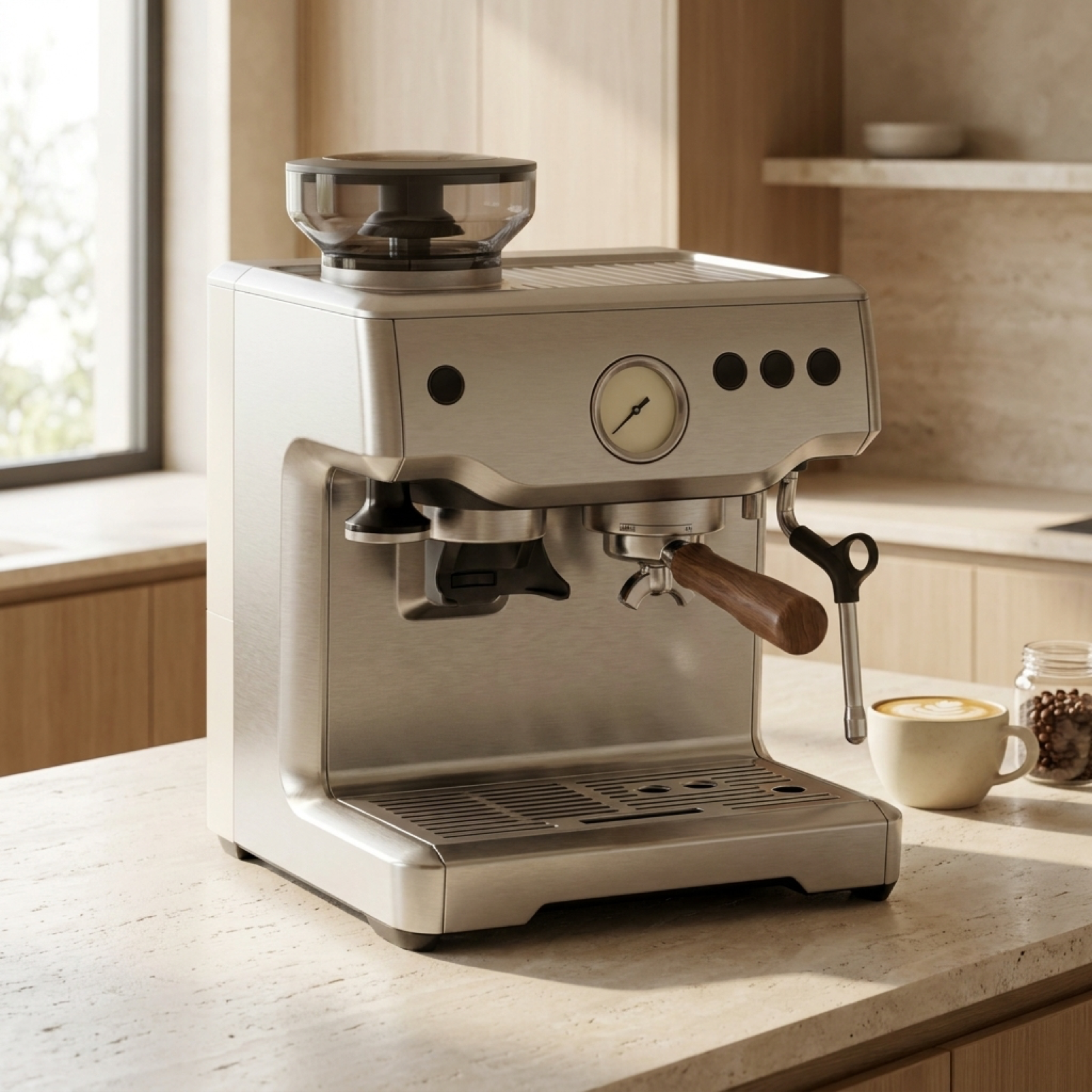 Stainless steel espresso machine with grinder in modern kitchen
