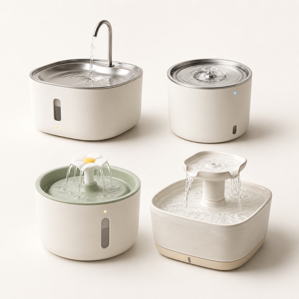 Smart Pet Water Fountain Series – Stainless Steel, UVC, Flower Flow & Ceramic Models