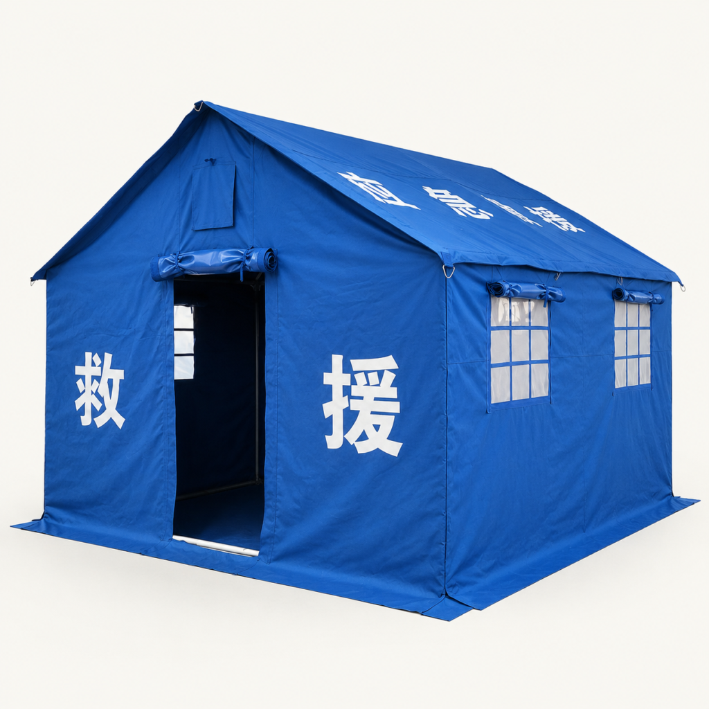 12m² Disaster Relief Cotton Tent with Double-Slope Roof, Ventilation, Chimney Port & Guyline Anchoring
