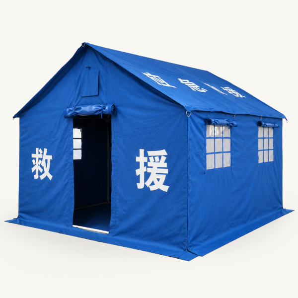 主图 12m² Disaster Relief Cotton Tent with Double-Slope Roof, Ventilation, Chimney Port & Guyline Anchoring