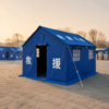 使用场景 12m² Disaster Relief Cotton Tent with Double-Slope Roof, Ventilation, Chimney Port & Guyline Anchoring